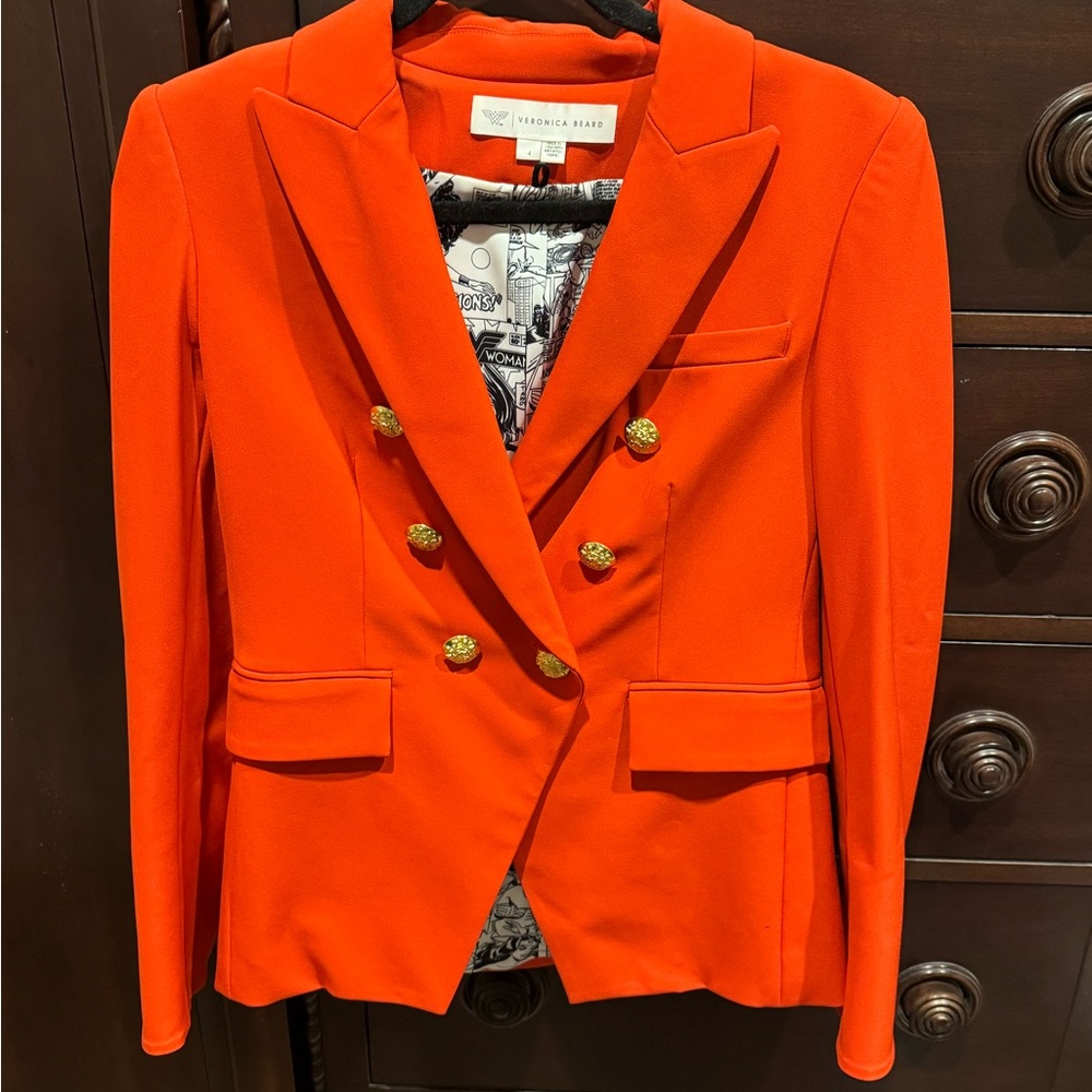 Veronica Beard Vibrant Orange Blazer with Gold Buttons